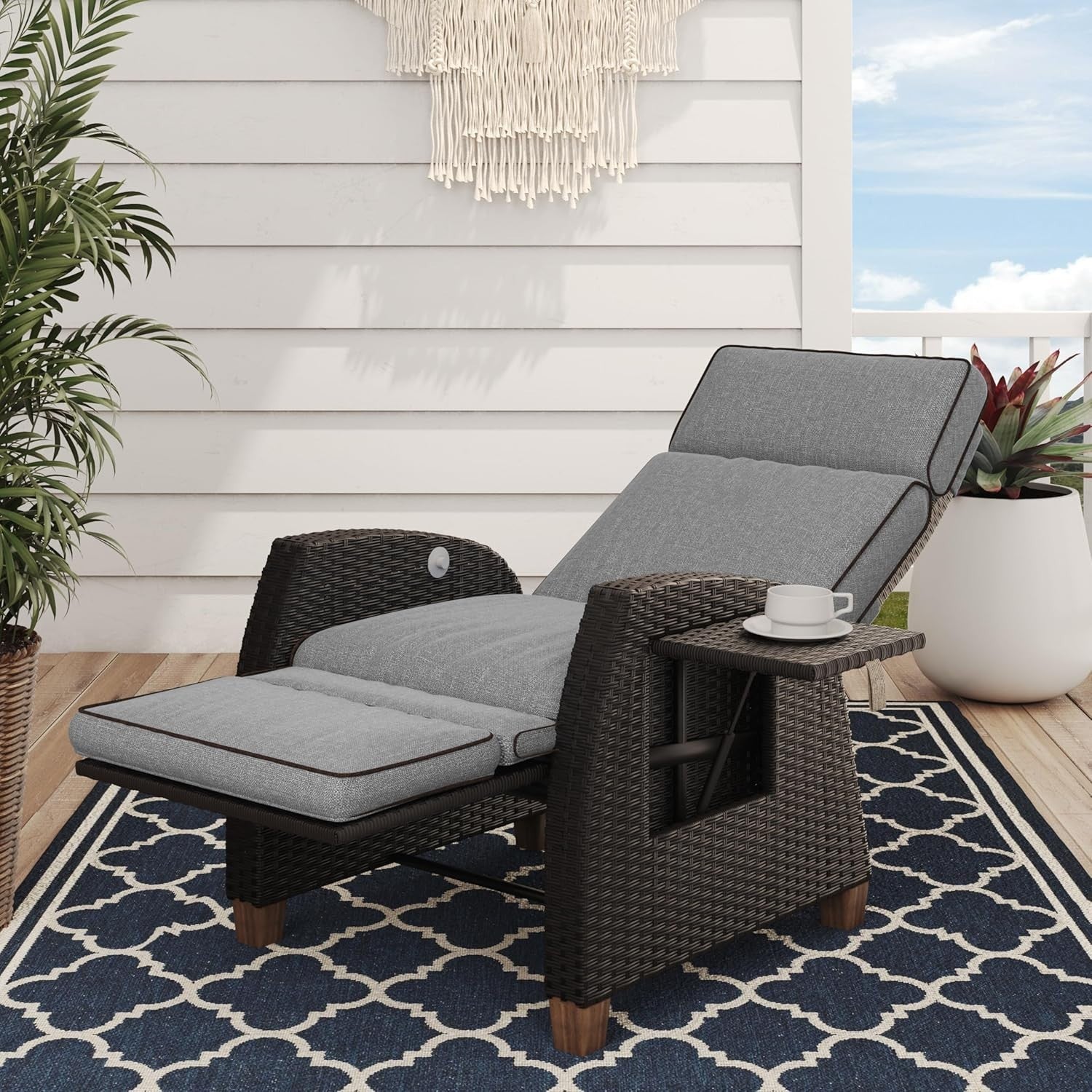 Adjustable Outdoor Recliner Patio Chair Wicker Sun Lounger Dark Gray