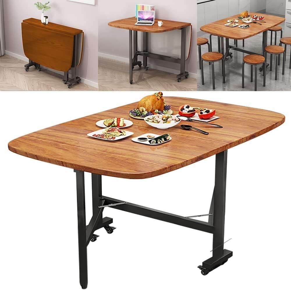 120CM Foldable Drop Leaf Dining Table with 6 Wheels for Small Spaces