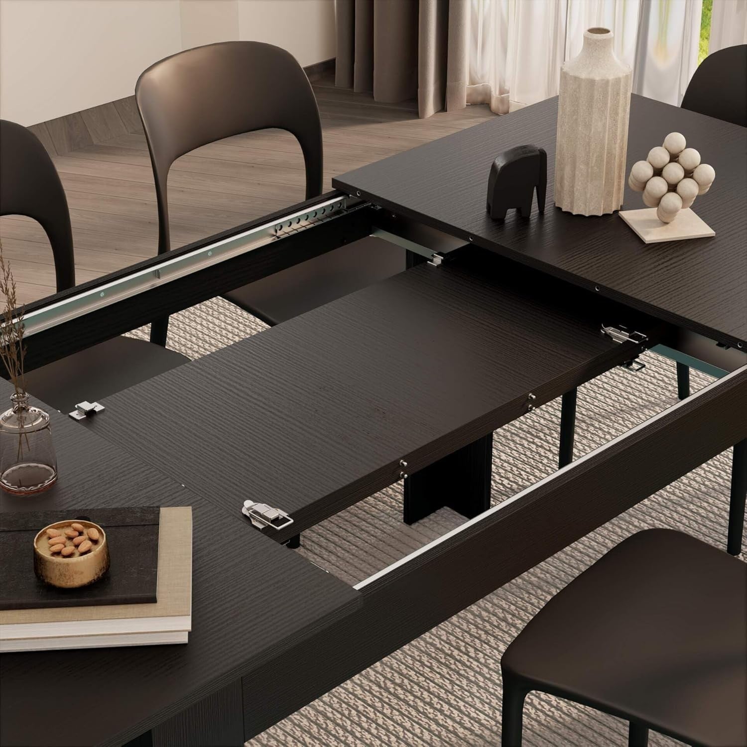 Extendable Dining Table Black 220cm Wood 6–8 Seater Modern Space Saver