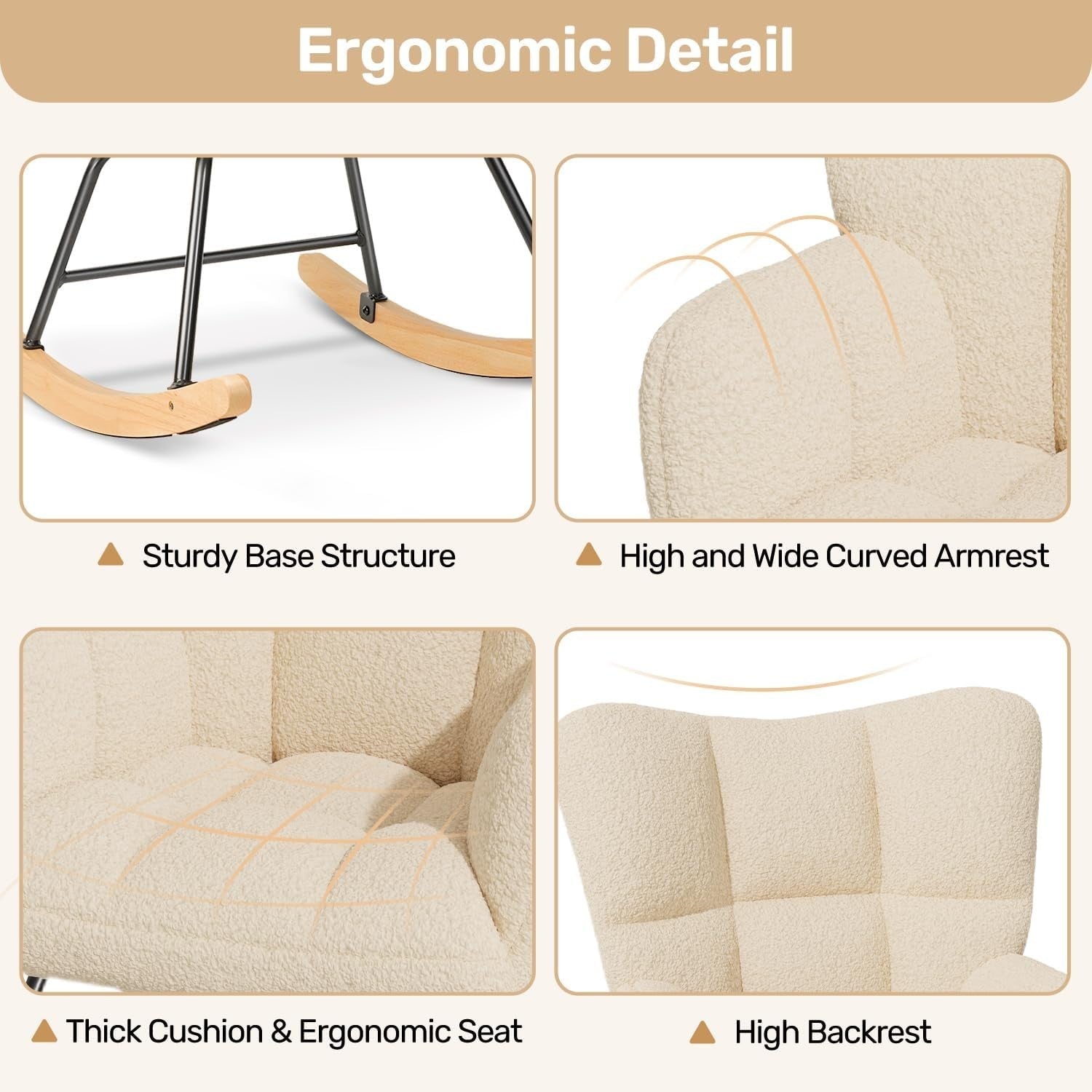 Cozy Lambswool Rocking Chair High Back Armrest Memory Foam Living Room Seat