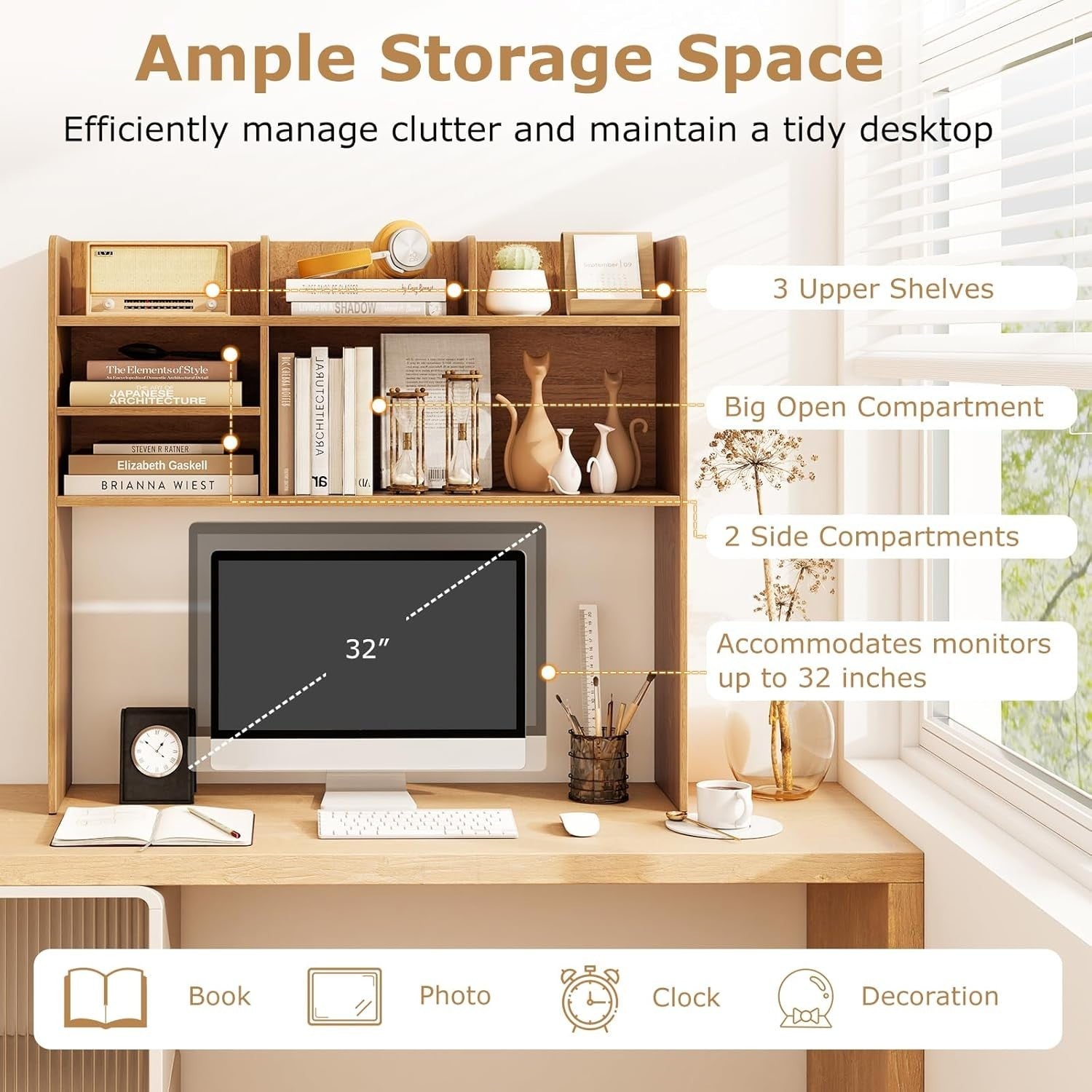 Desktop Bookshelf Hutch 6-Shelf Monitor Storage Rack Adjustable Compartments