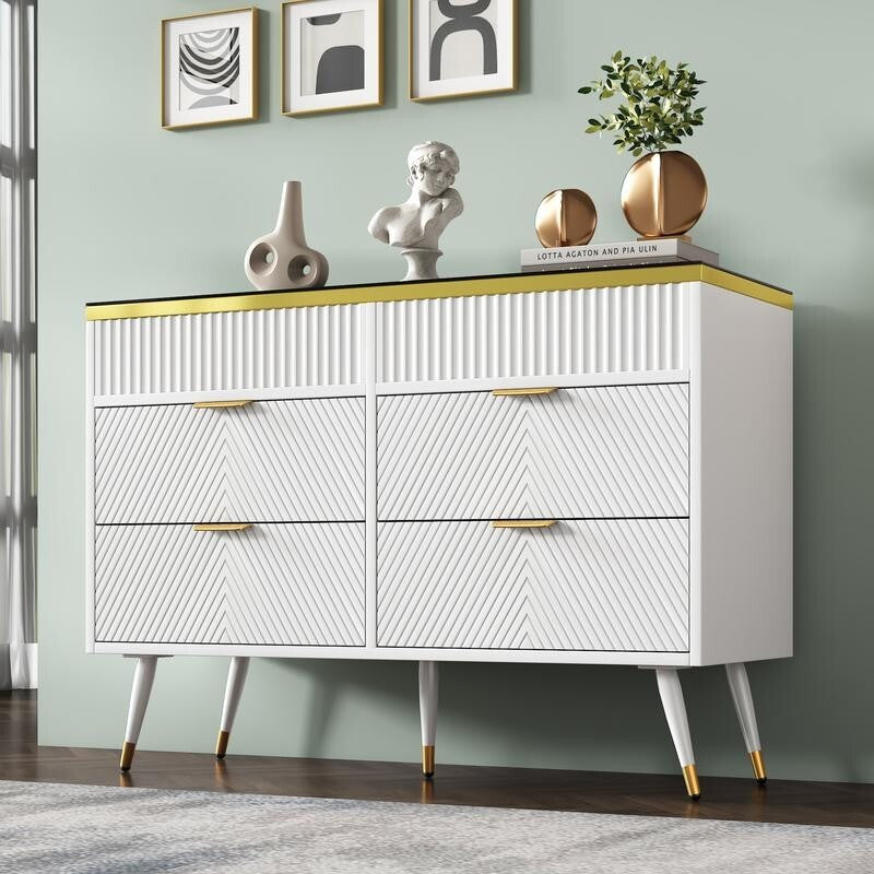 Modern 6 Drawer Dresser Sideboard Cabinet Amber Glass Top Storage Unit