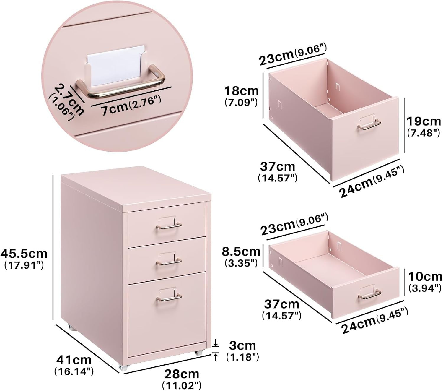 Pink Steel Rolling Drawer Unit 3 Tier Under Desk File Storage