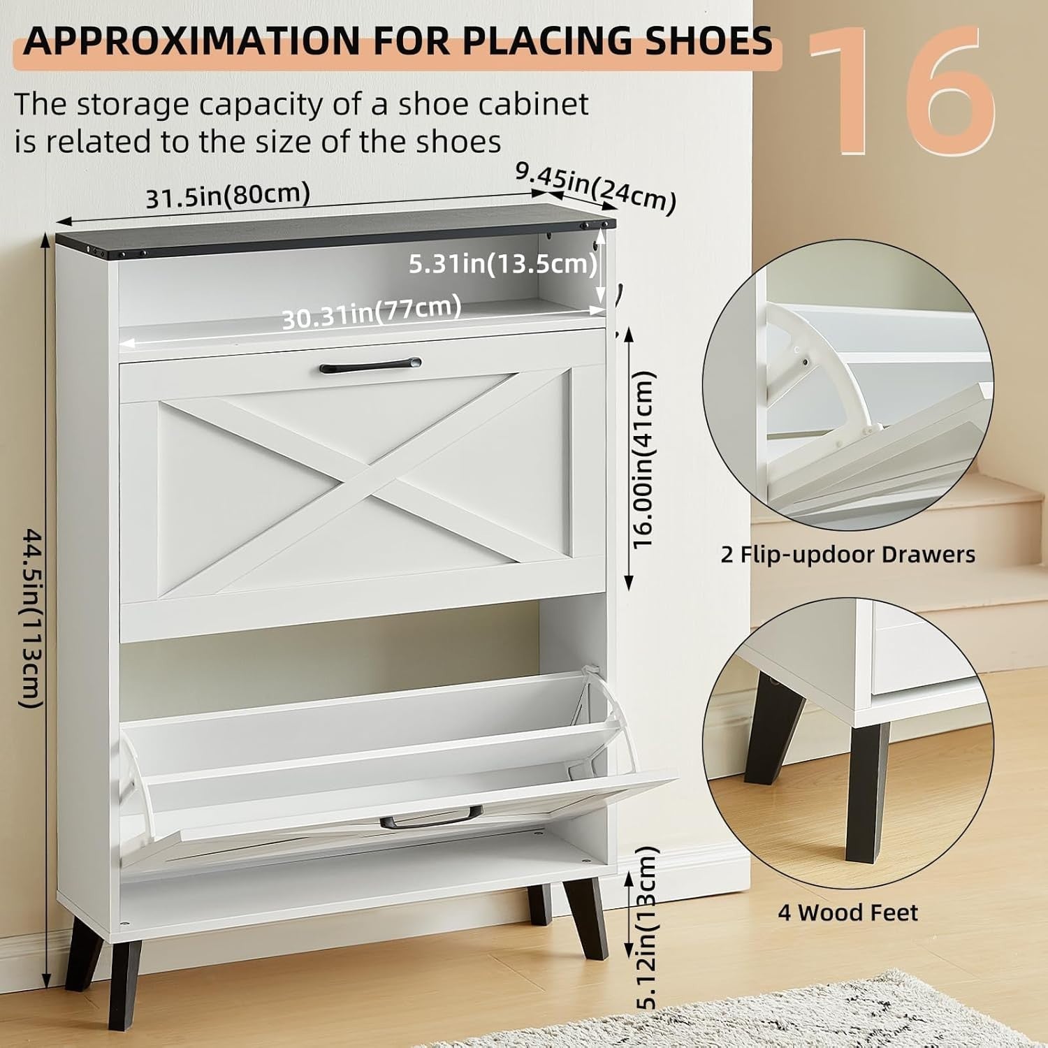 Slim White Two-Flip Door Shoe Cabinet – Space-Saving, Anti-Tip Design