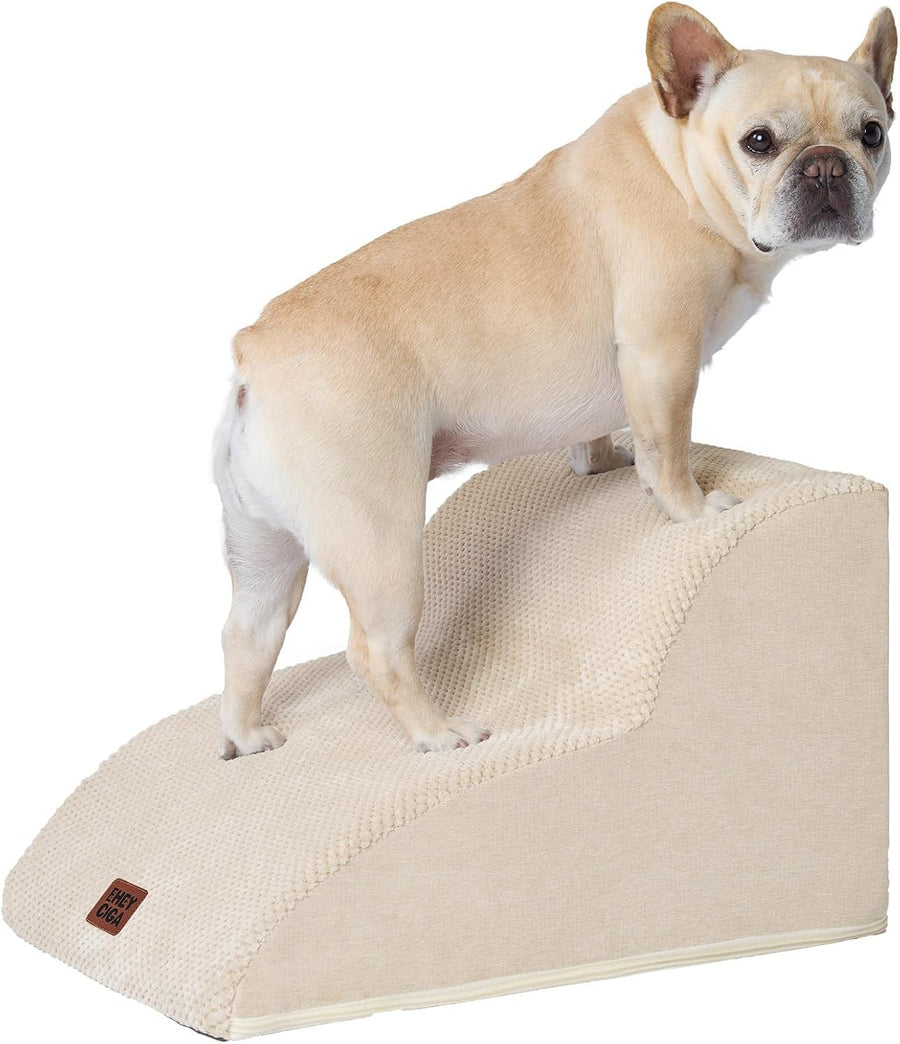 2 Step Dog Stairs for Sofa Non Slip Foam Pet Steps Washable Cream