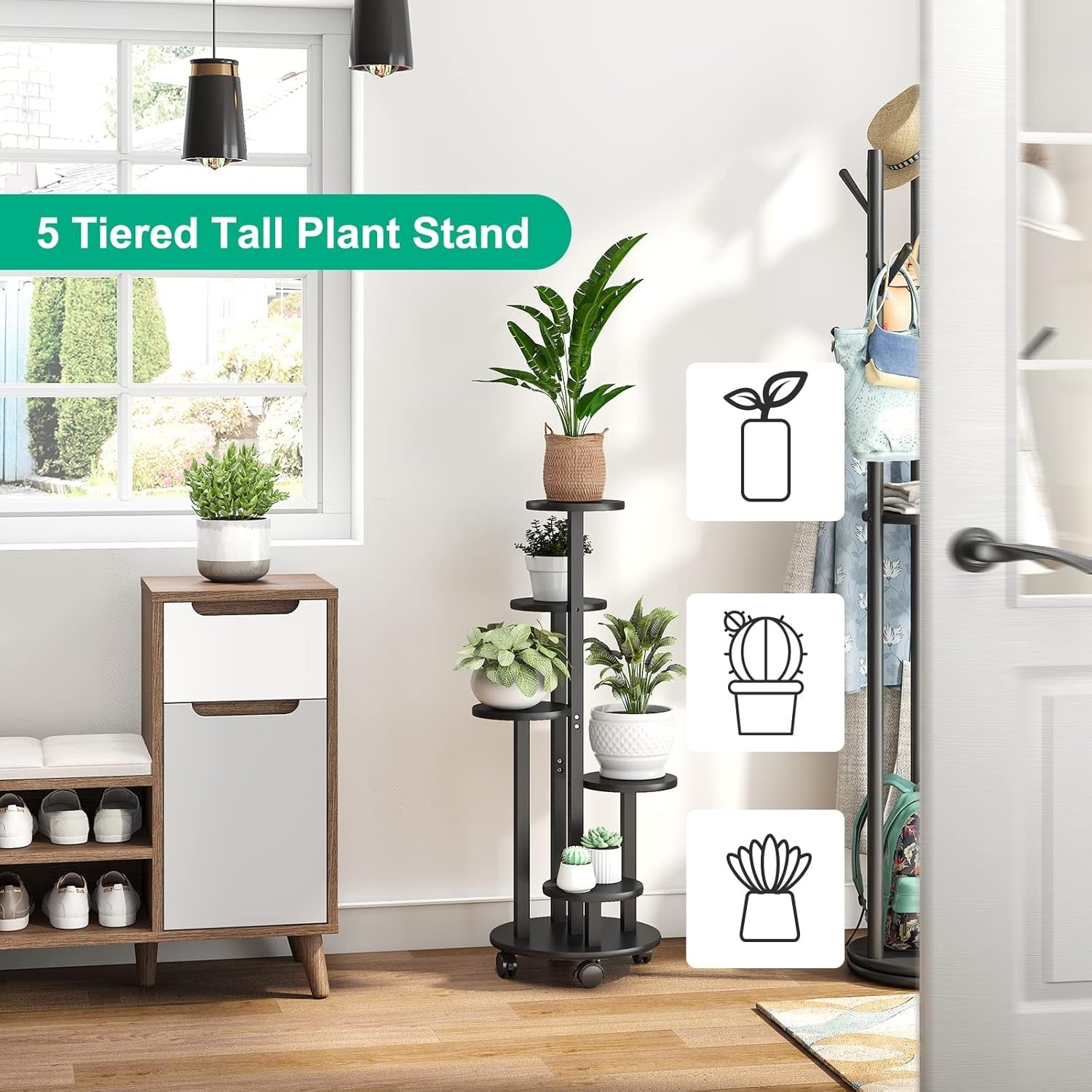 5 Tier Black Bamboo Plant Stand with Wheels Indoor Outdoor Corner Flower Shelf