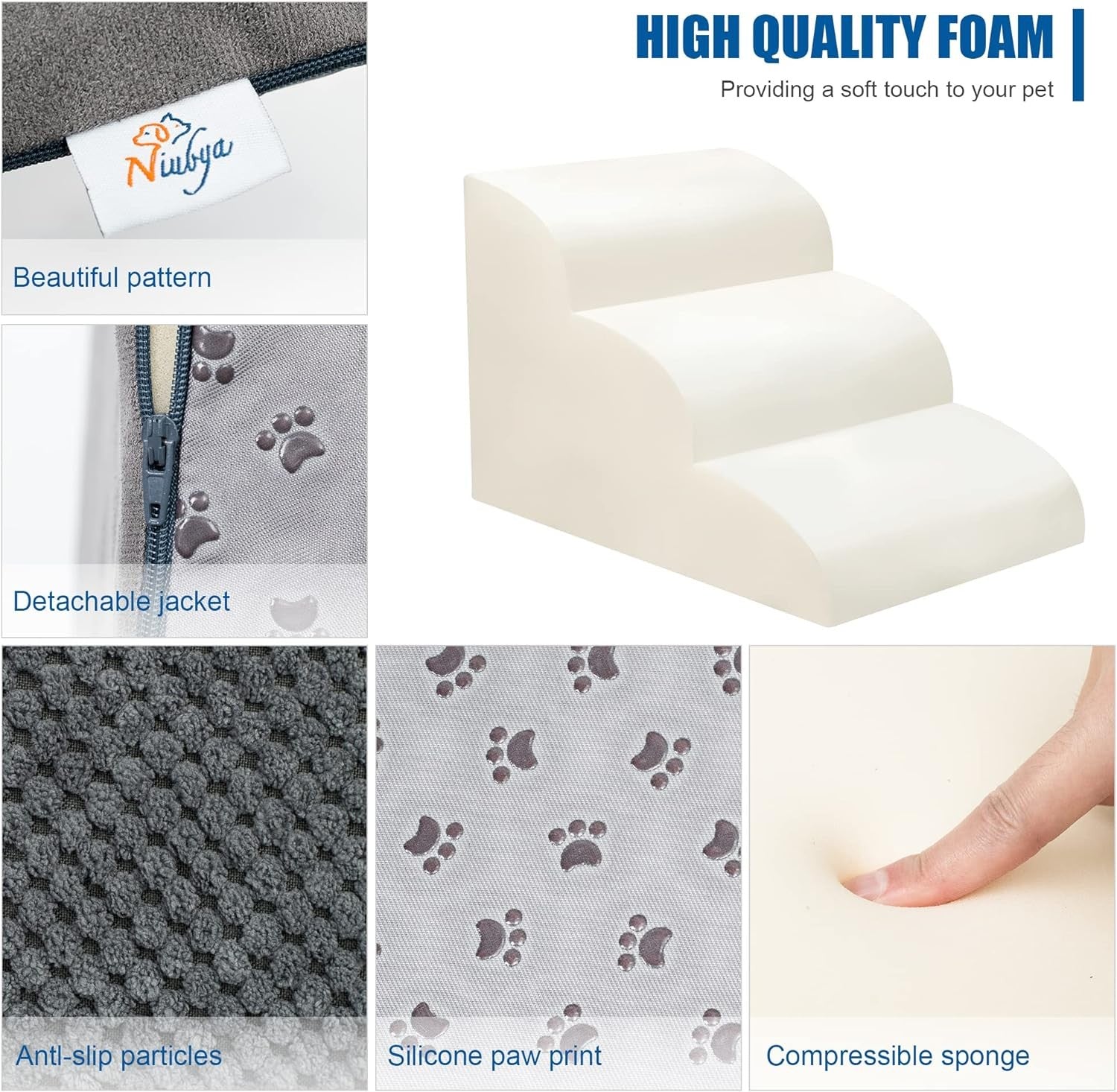 Dog Stairs 3 Step Extra Wide Foam Pet Ramp Non Slip Grey