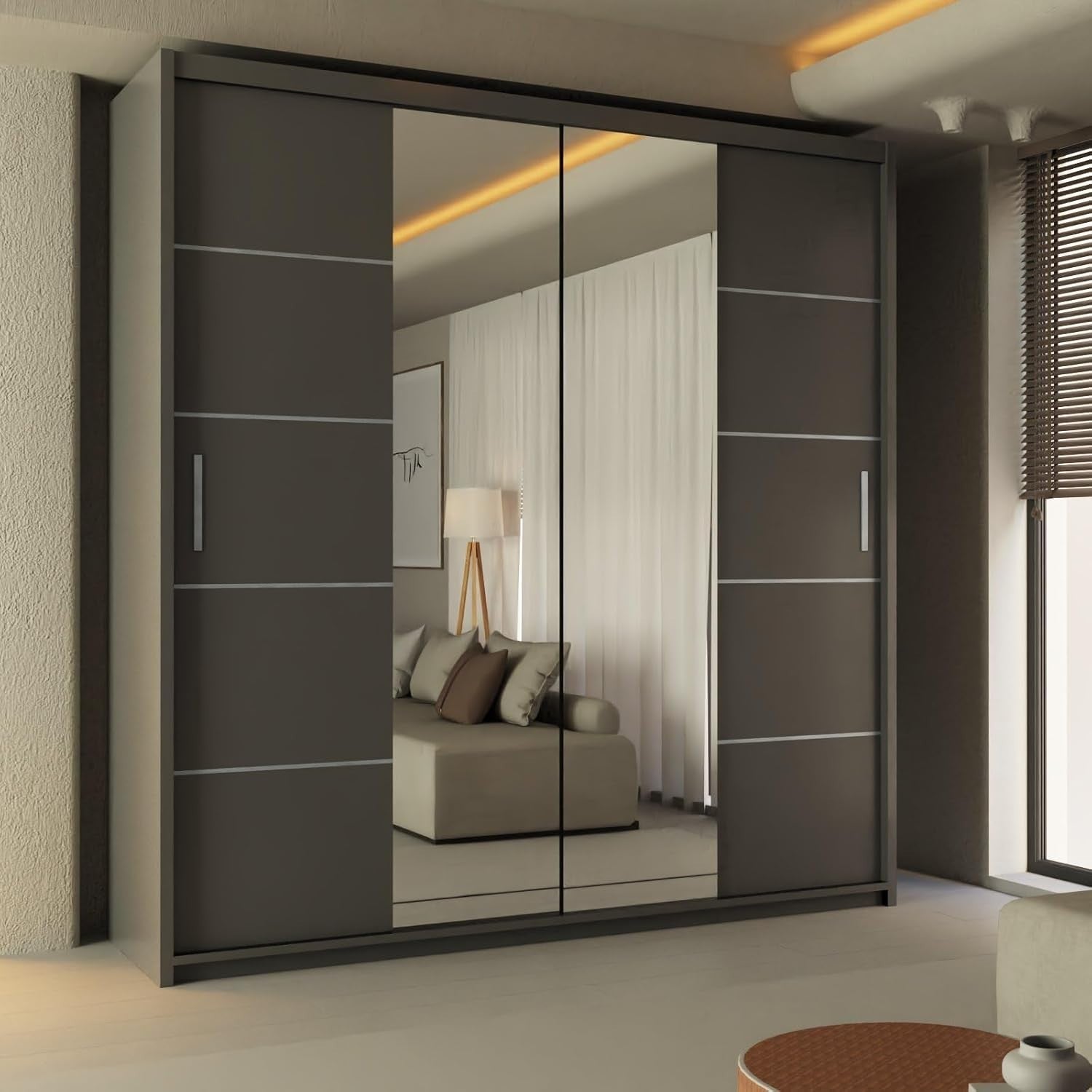 Grey Sliding Wardrobe Mirror Doors 203cm Storage Rails Modern Style