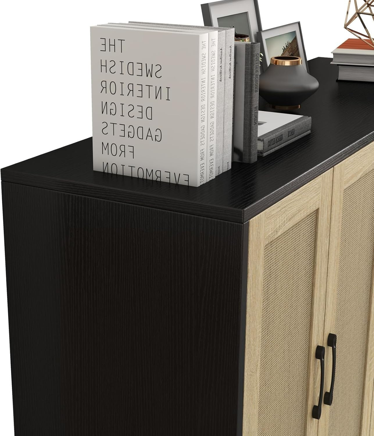 Black Buffet Storage Cabinet with Rattan Doors Adjustable Shelves Modern