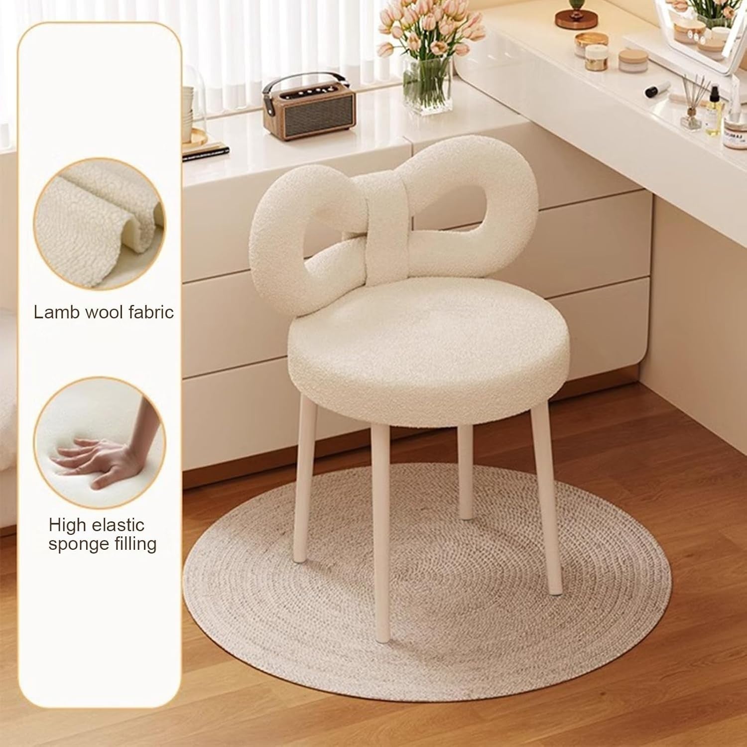 Vanity Stool with Soft Faux Wool Seat and Backrest, Bedroom Chair for Adults