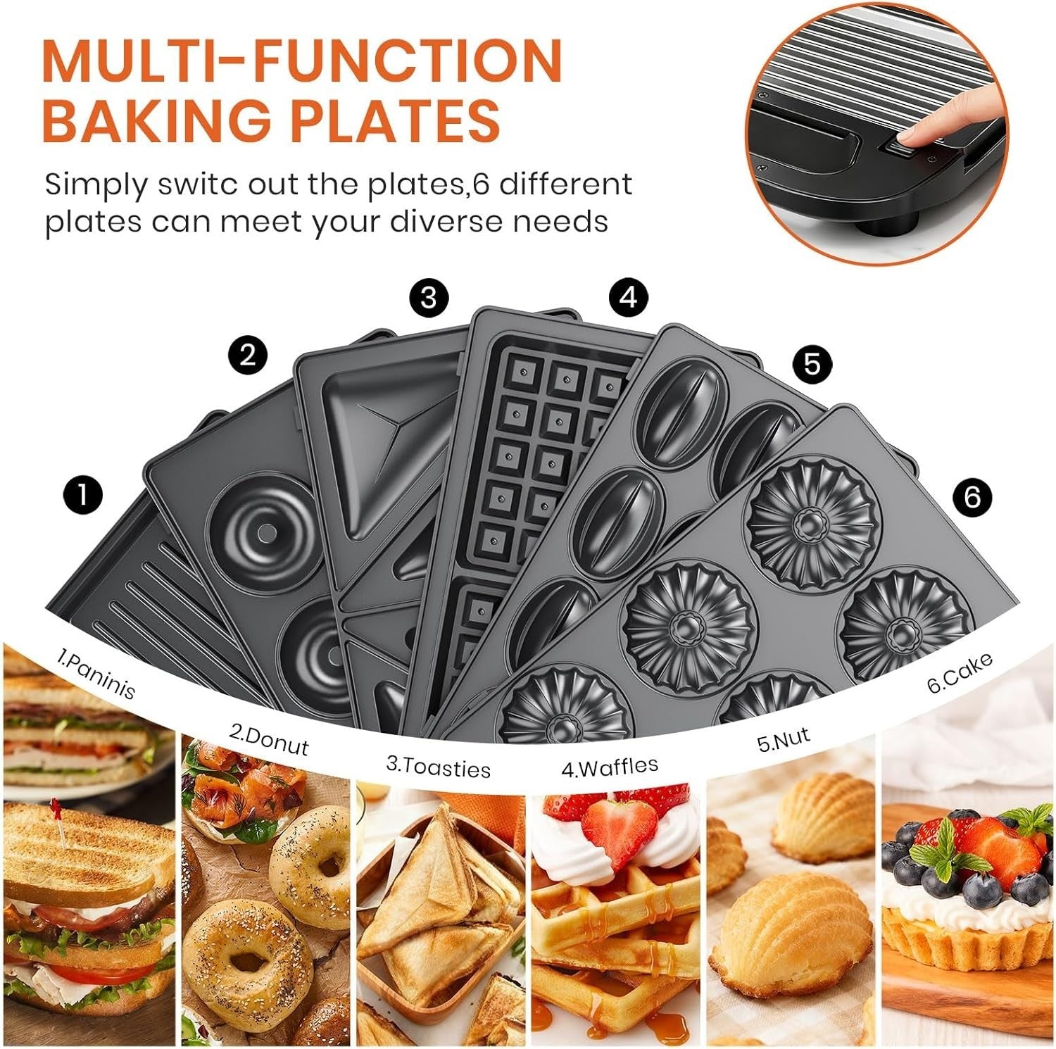 6-in-1 Sandwich Maker 37x38x17cm Non-Stick Plates Waffle Panini Donut Grill