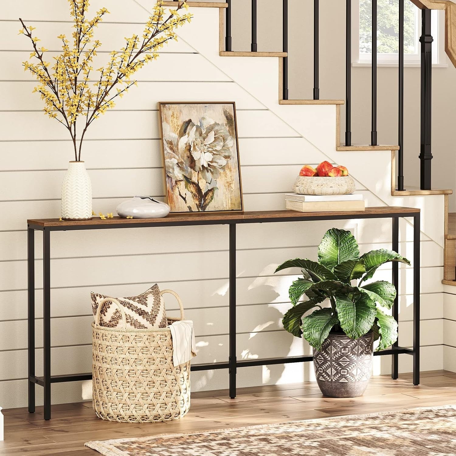 Narrow Console Table Rustic Wood Metal Frame – 180cm Hallway Sofa Side