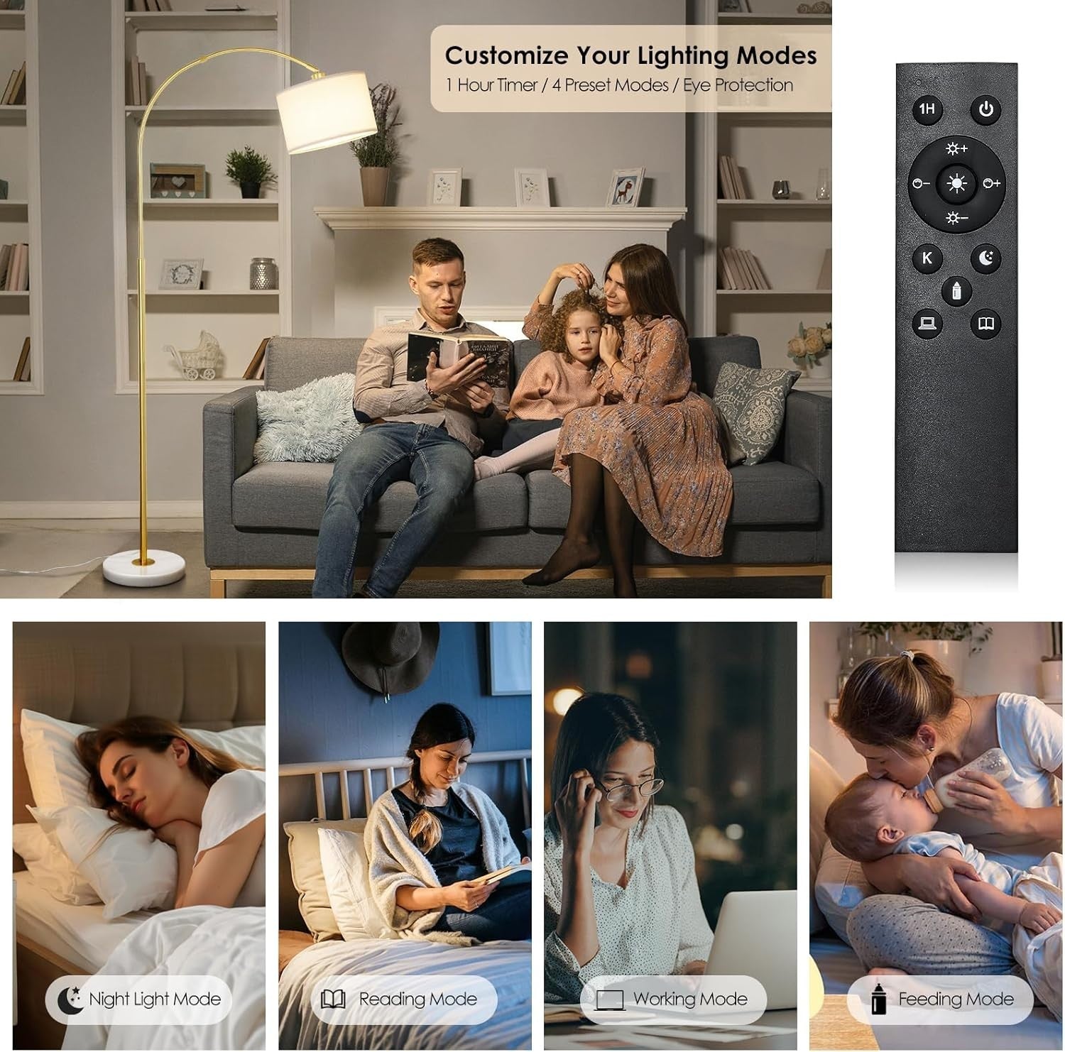 Modern Arc Floor Lamp with Remote Dimmable LED Light for Living & Bedroom