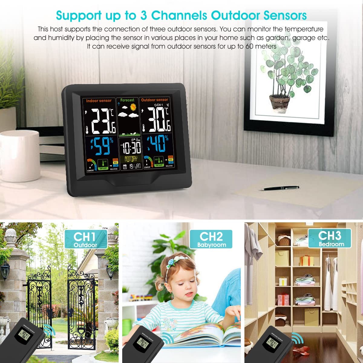 Black Wireless Weather Station Outdoor Sensor LCD Forecast Temp Humidity