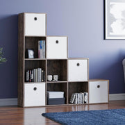 Dark Wood 10 Cube Staircase Bookcase with 5 White Baskets Storage Unit