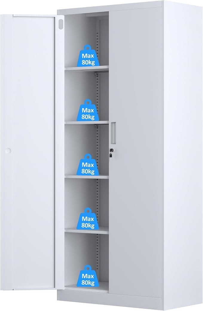 Tall White Metal Storage Cabinet with Lockable Doors & 4 Adjustable Shelves