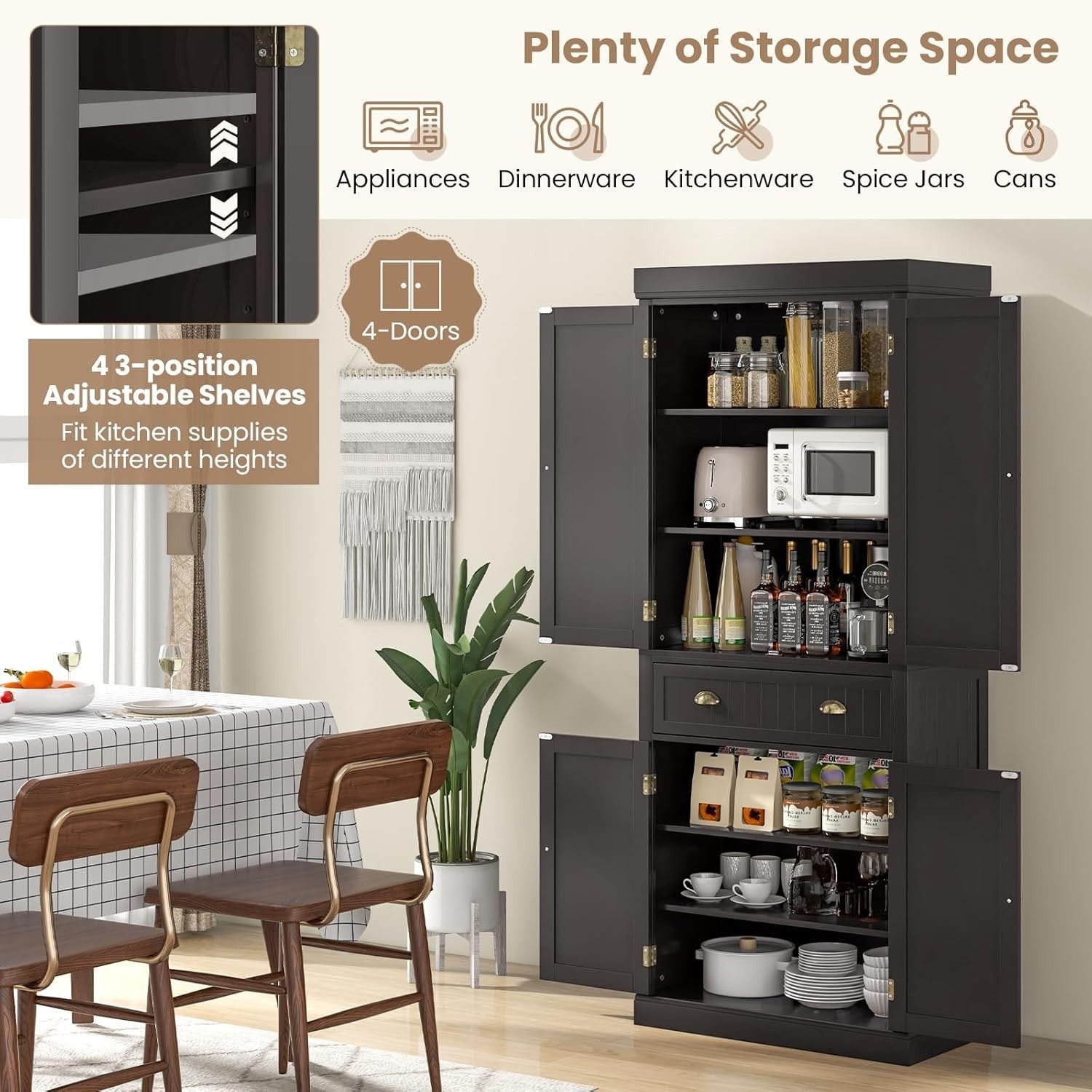 182cm Espresso Kitchen Pantry Cupboard | 4 Adjustable Shelves & 1 Drawer