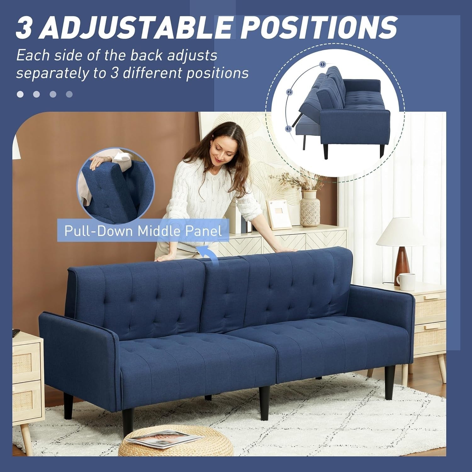 Click Clack Sofa Bed 3 Seater Dark Blue Linen Couch w/ Cup Holders