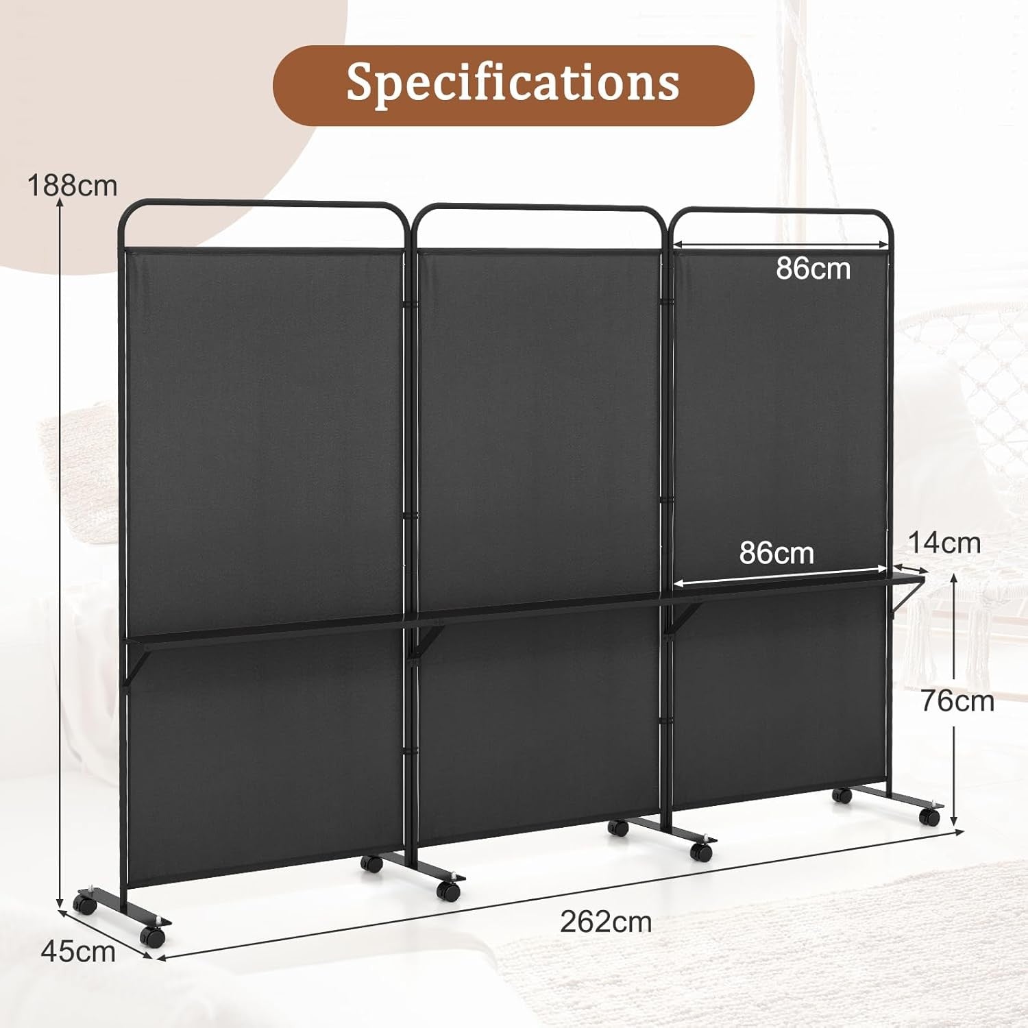 3 Panel Black Folding Room Divider with Shelves & Wheels Privacy Screen 188cm