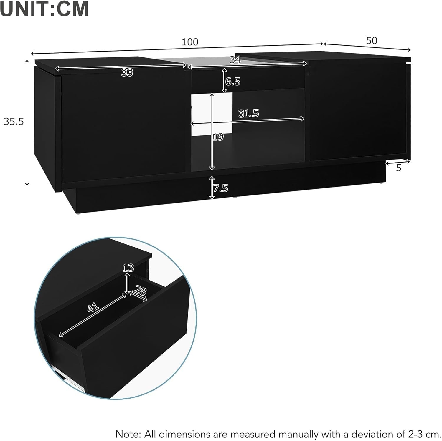 LED Coffee Table with Storage & 2 Drawers – Modern Tempered Glass, RGB Lights