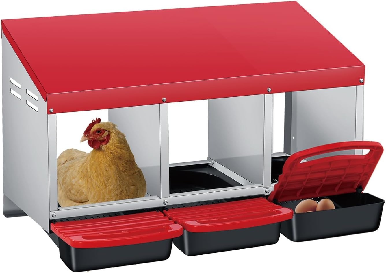 3 Chamber Galvanised Steel Chicken Nest Box Pull Out Tray Red