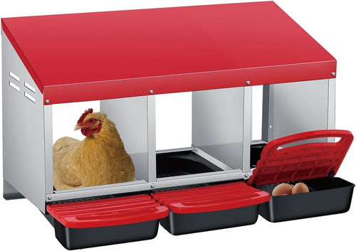 3 Chamber Galvanised Steel Chicken Nest Box Pull Out Tray Red
