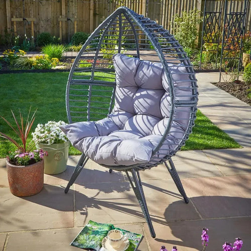 Grey Rattan Egg Chair w/ Waterproof Cushion Indoor Outdoor Patio Seat
