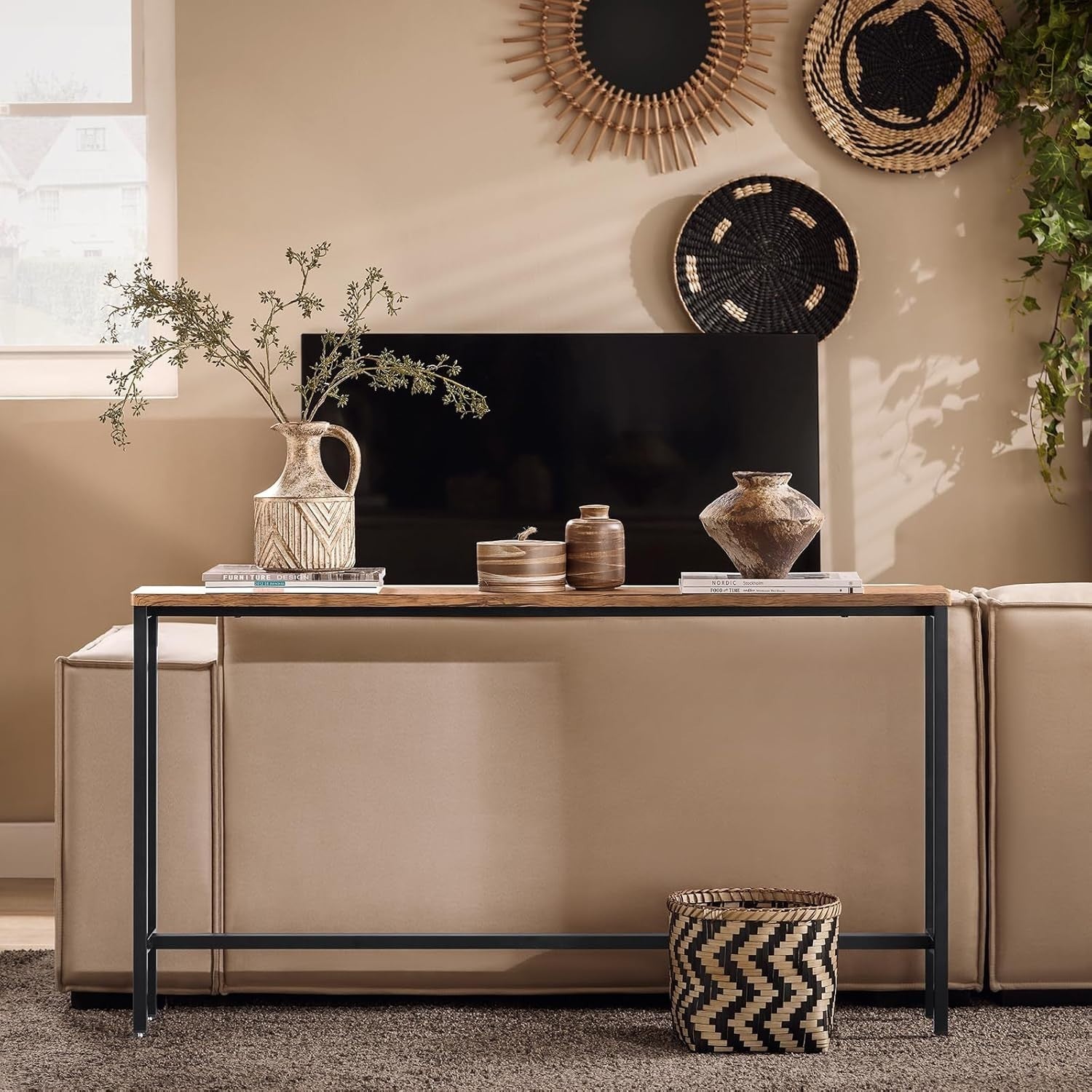 Slim Console Table 120x20x80cm with Adjustable Feet & Wood Effect Top