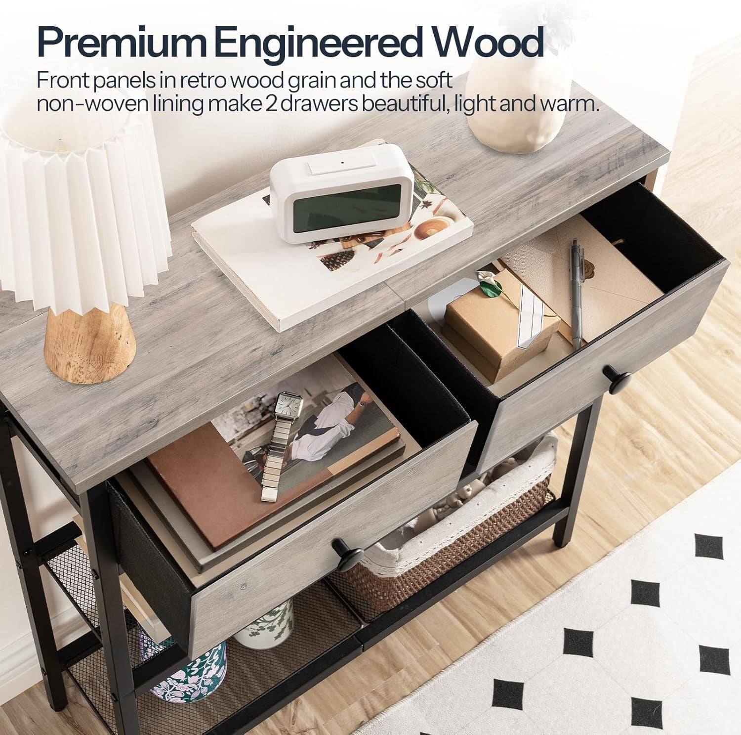 Slim Console Table with 2 Drawers, Storage Shelves, Adjustable Feet, Industrial