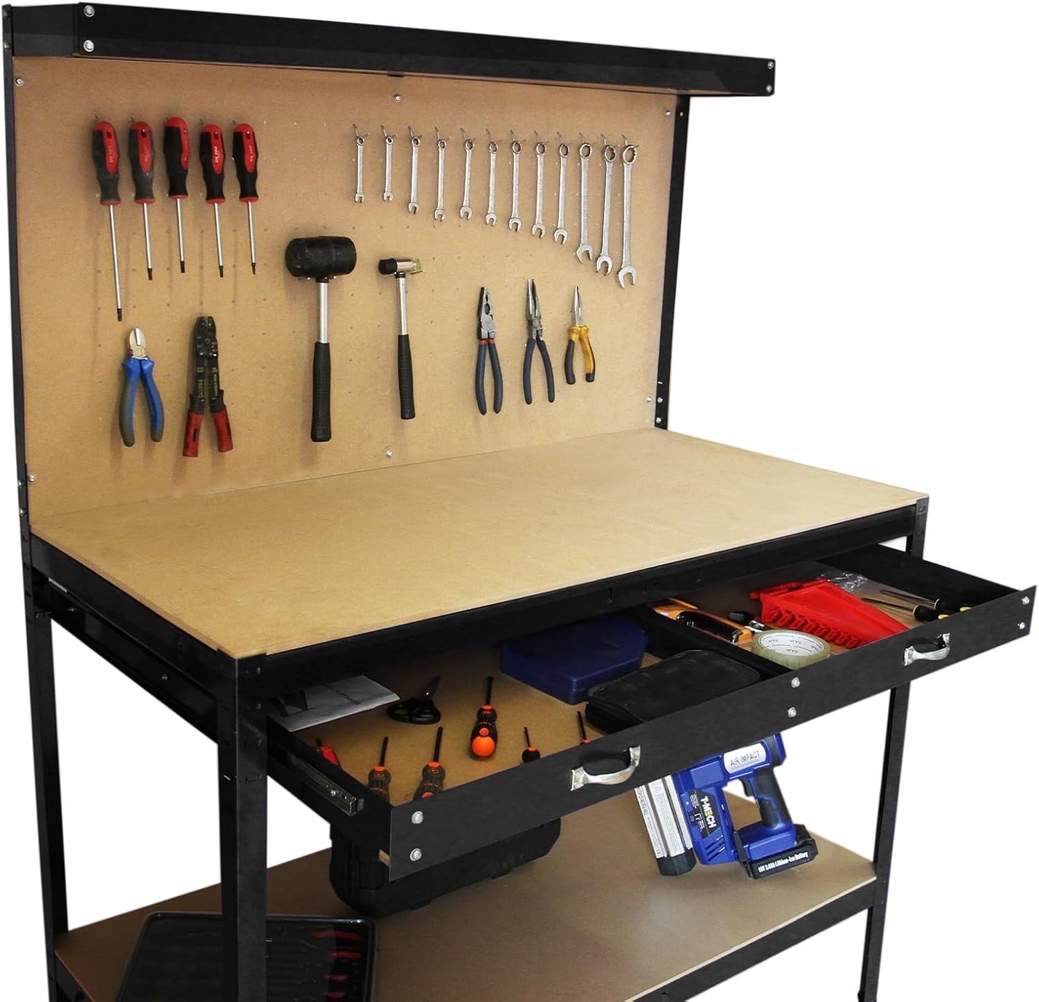 Heavy Duty Garage Workbench with Pegboard Drawer Hooks Tool Storage 120x60