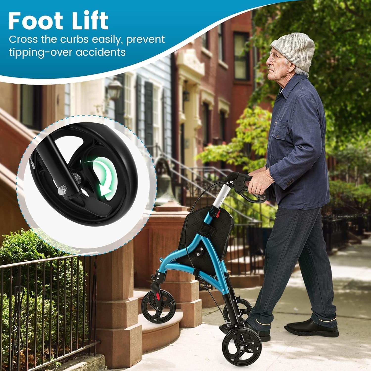 3 Wheel Folding Rollator Walker Lightweight Adjustable Mobility Aid with Brakes