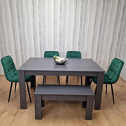 Dark Grey Dining Table Set with 4 Green Chairs & Bench, 6 Seater Kitchen