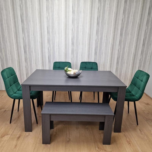 Dark Grey Dining Table Set with 4 Green Chairs & Bench, 6 Seater Kitchen