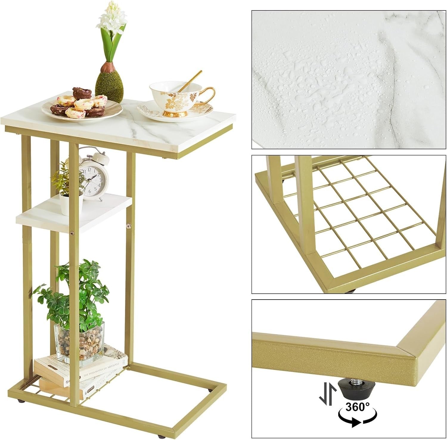 Set of 2 C-Shaped End Tables Marble White & Gold – Compact, Sturdy, Multi-Use