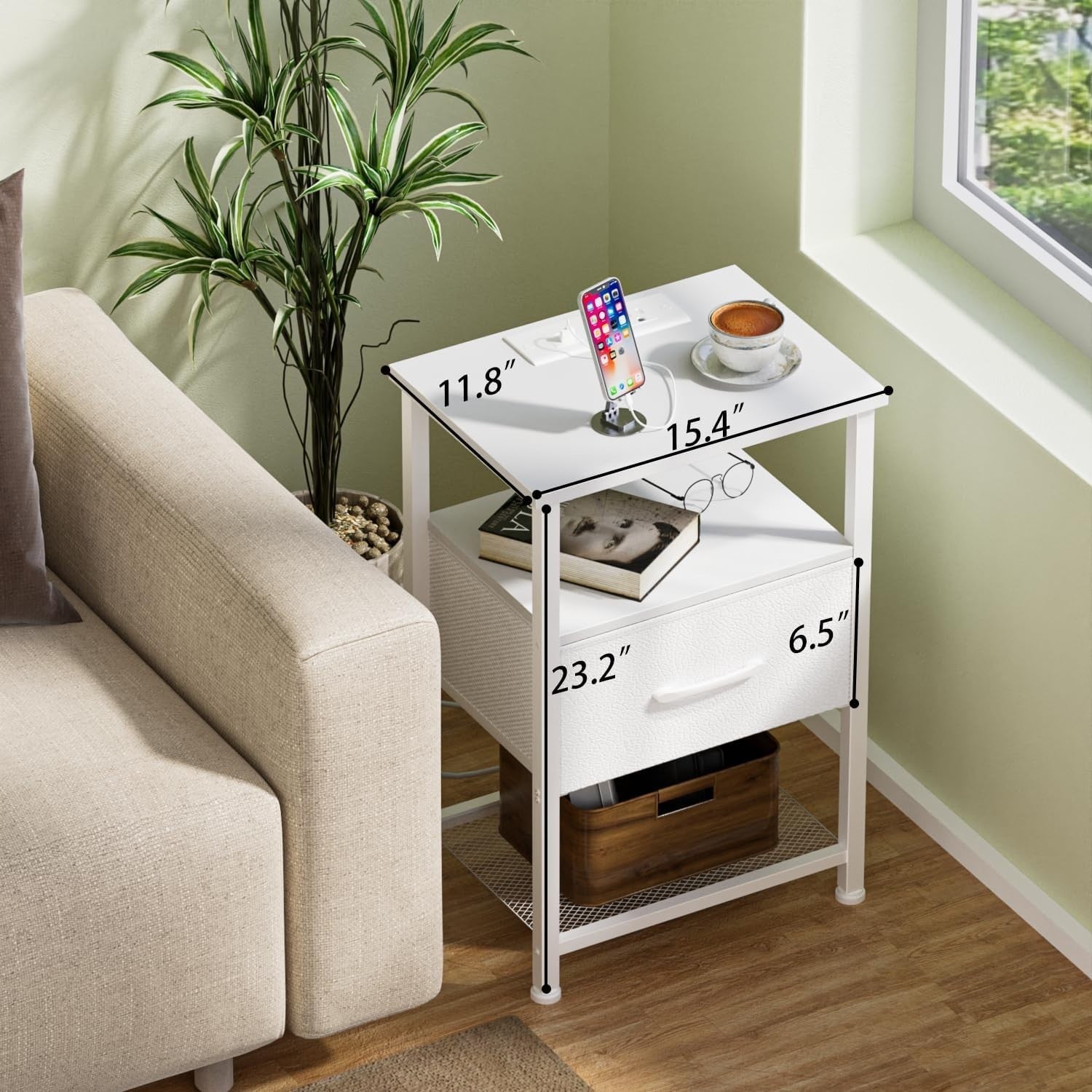 Set of 2 White LED Bedside Tables with Drawer & USB Charging Ports