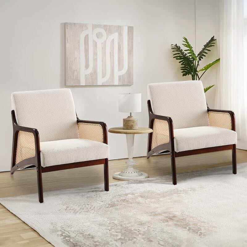 Beige Corduroy Accent Armchair Rattan Wood Lounge Chair Mid Century