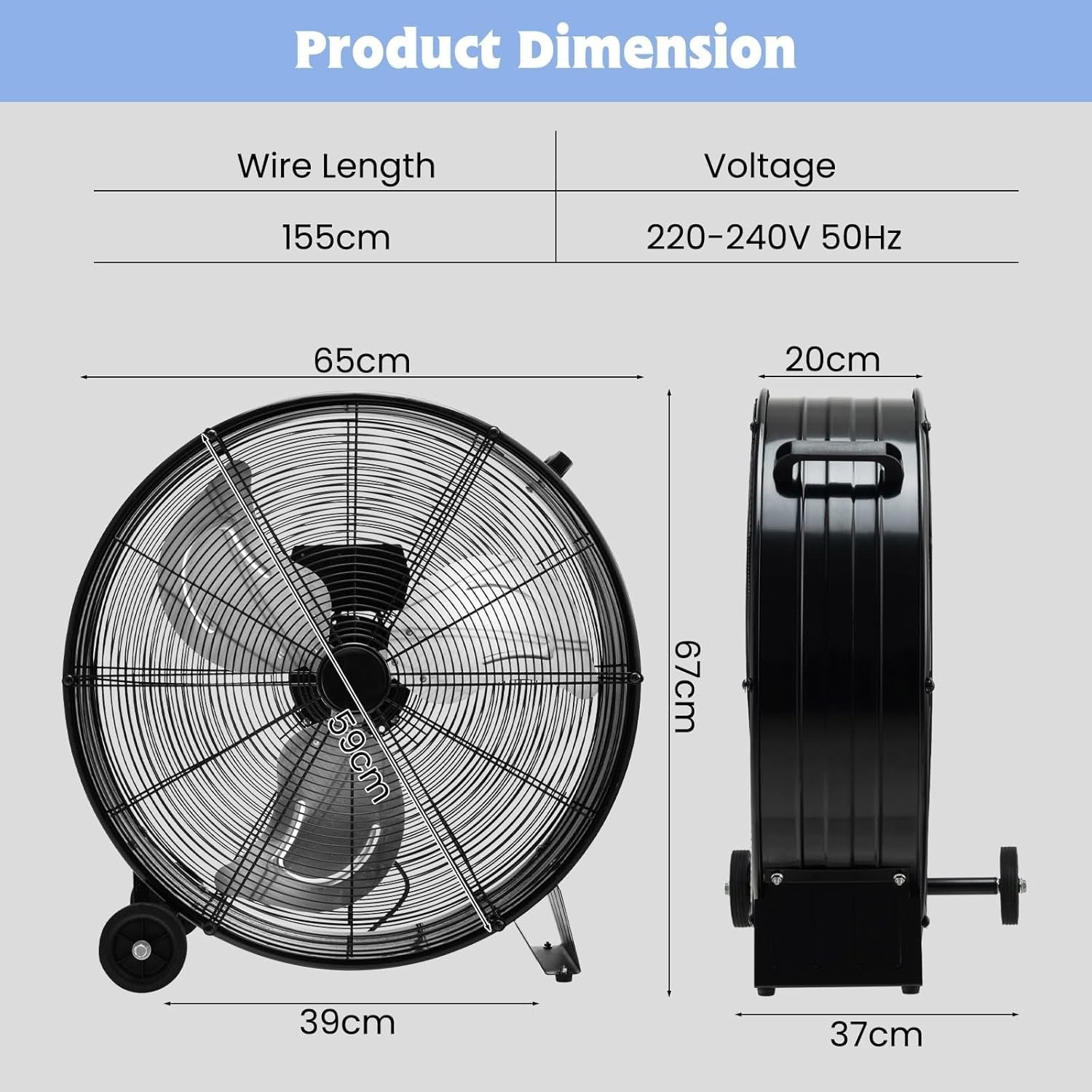 24"/59cm Industrial High Velocity Drum Fan – 3 Speeds Heavy Duty Portable Floor