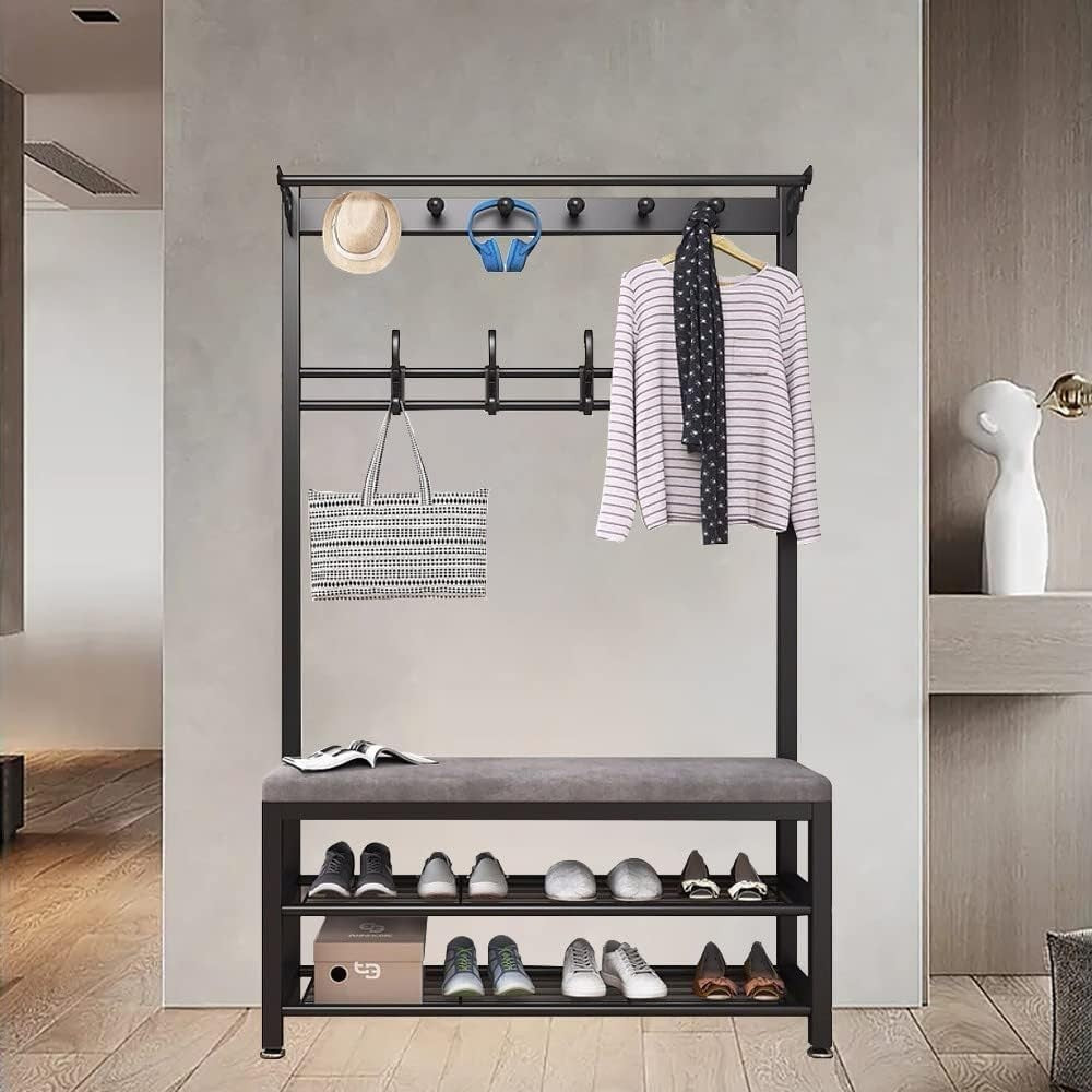 Compact White Grey Coat Rack with Bench & Shoe Storage 80cm Hallway Stand