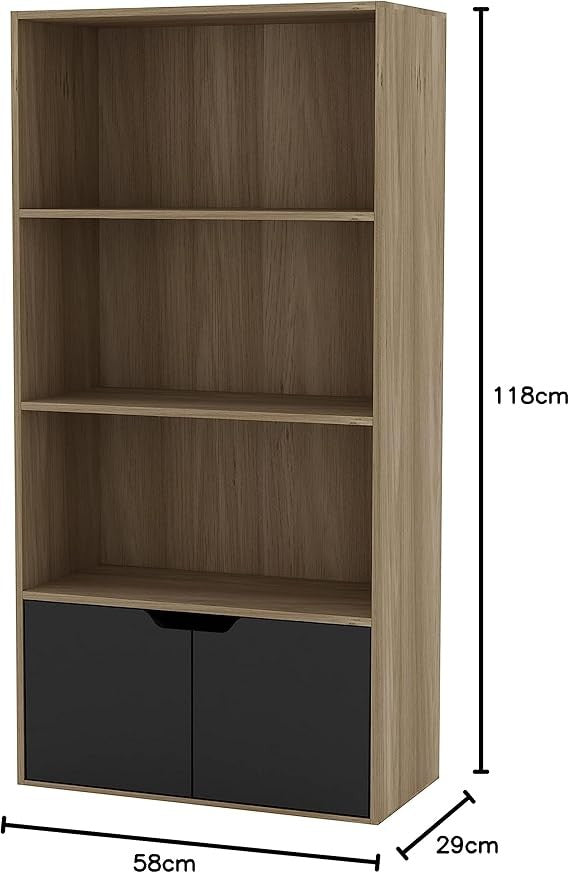 Modern Oak 4-Tier Wide Bookcase with Storage Cupboard – Wood & Black Unit
