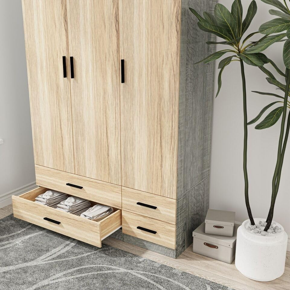3 Door 4 Drawer Wardrobe Hanging Rail Storage Ash Grey & Oak Bedroom
