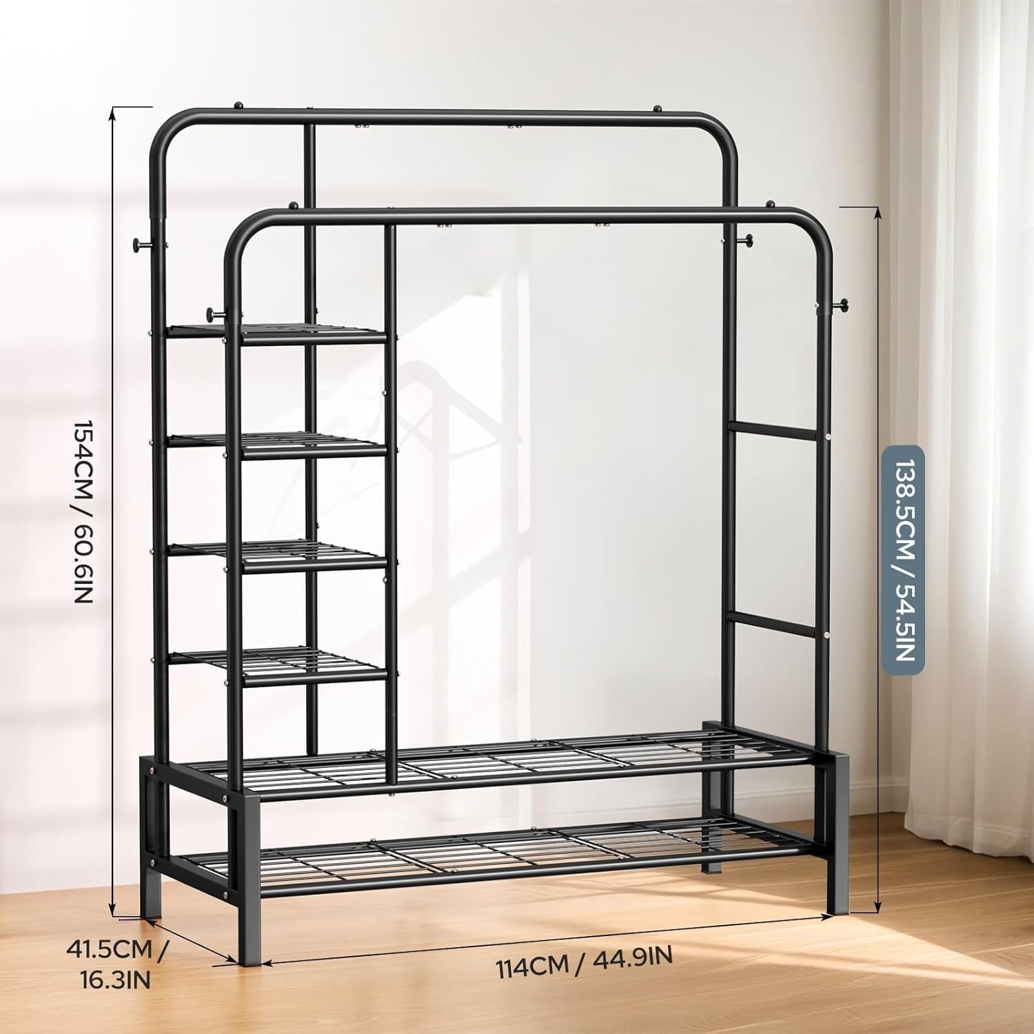 Heavy Duty Clothes Rail Double Rods Shelves Shoe Rack Black