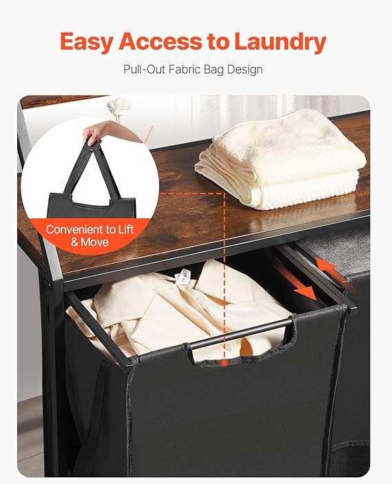 2-Tier Rolling Laundry Sorter with Wooden Shelf, 2 Bag Hamper & Lockable Wheels