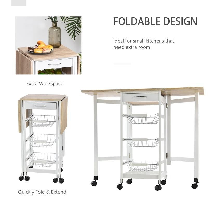 Drop Leaf Kitchen Trolley Cart with Baskets Drawer & Wheels Oak White