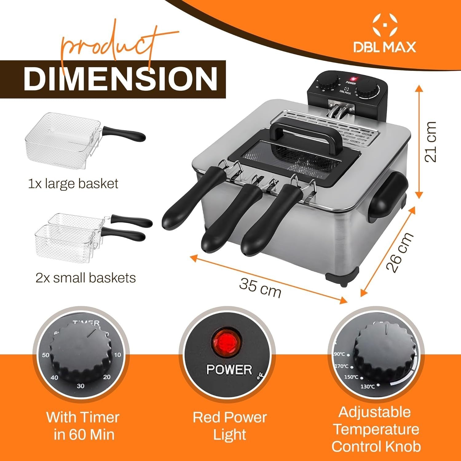 5L Double Basket Deep Fat Fryer 2000W Stainless Steel Adjustable Temp