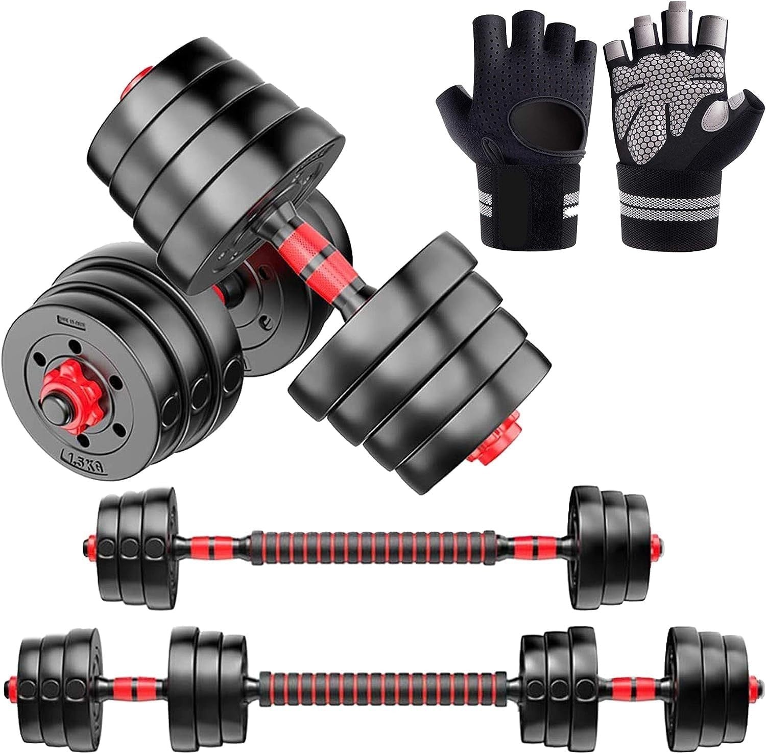 40kg Adjustable Dumbbells 2-in-1 Barbell Weights Set Home Gym Gloves