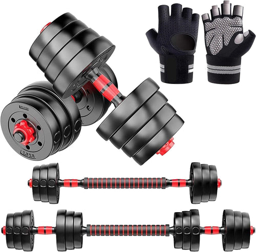 40kg Adjustable Dumbbells 2-in-1 Barbell Weights Set Home Gym Gloves