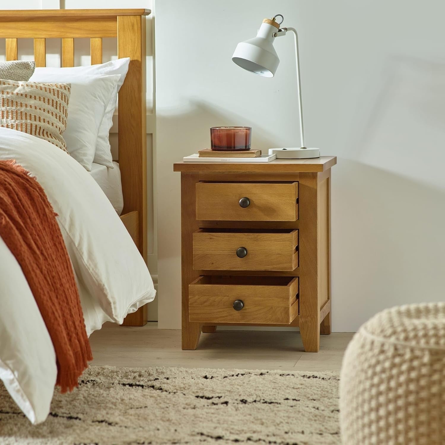 Solid Oak 3 Drawer Bedside Table | Natural Wood Nightstand with Wax Finish