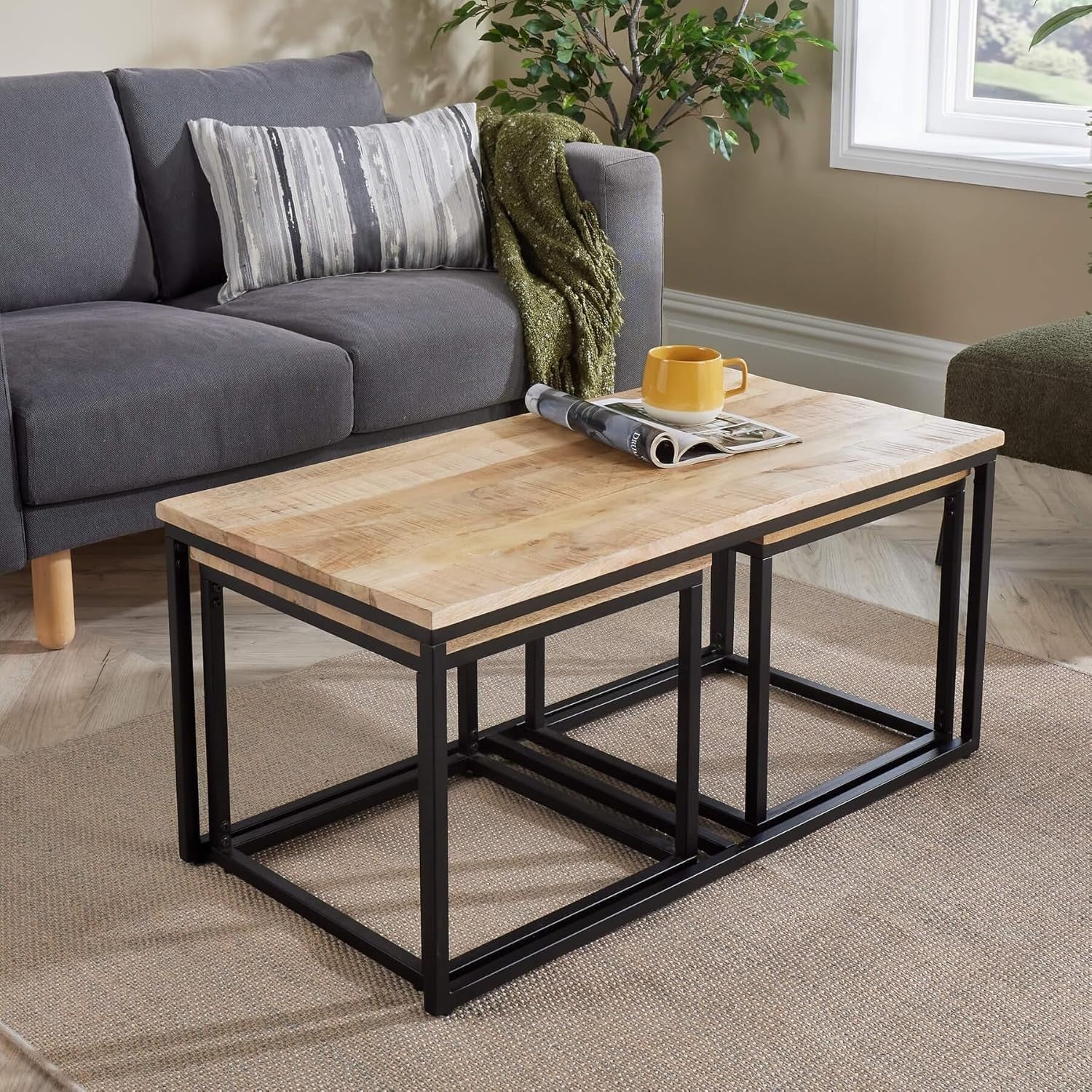 3pc Nesting Coffee Tables Set Mango Wood Metal Frame Modern Industrial Flair