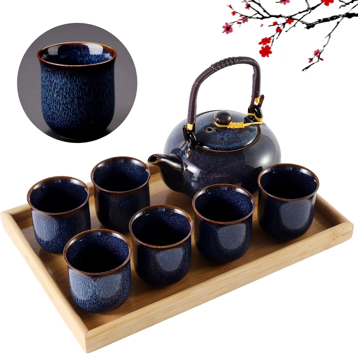 Japanese Tea Set Porcelain Teapot 6 Cups Bamboo Tray Dark Blue