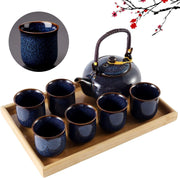 Japanese Tea Set Porcelain Teapot 6 Cups Bamboo Tray Dark Blue